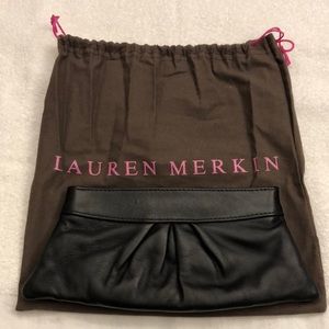 Lauren Merkin Black Leather Clutch with Pink & White Stripes